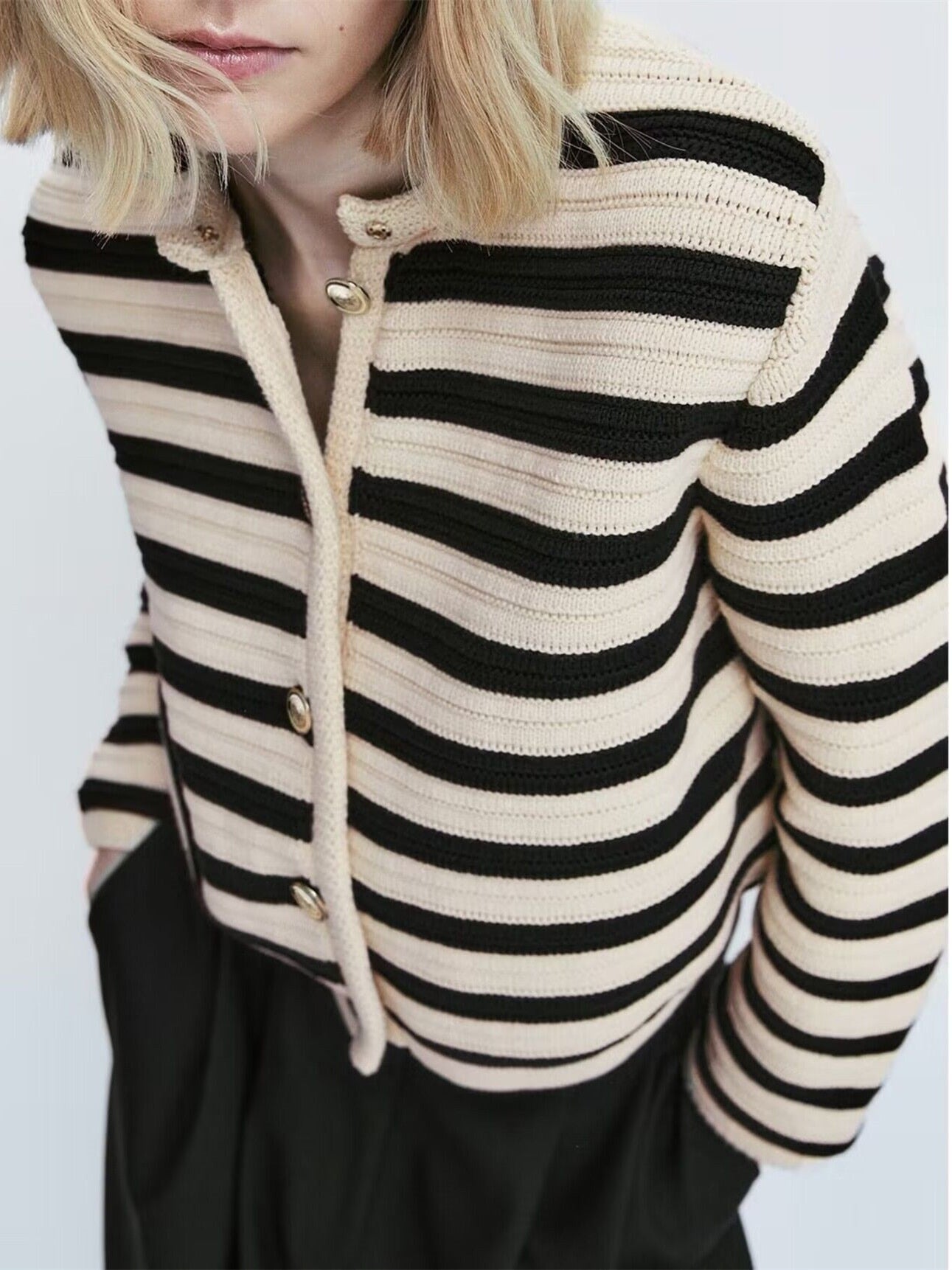 xakxx Women Single Breasted Striped Cardigan Jacket O-Neck Long Sleeve Casual Slim Short Knitted Coat for Ladies Spring