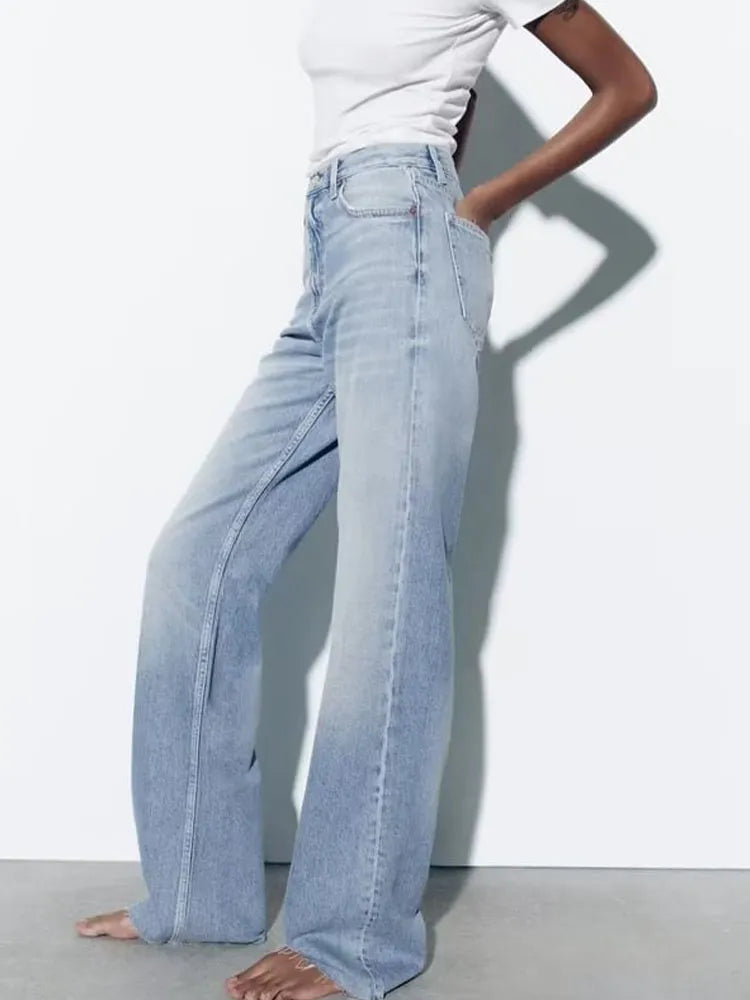 xakxx xakxx- New Women's Extra Long Wide Leg Zipper and Metal Button Closure High Waist Casual Wide Leg Jeans