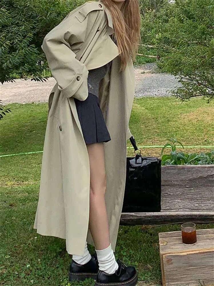xakxx xakxx-Khaki Long Windbreaker Trench Coat Women Autumn Fashion Chic British Style Double Breasted Trench Coat For Women Plus Size