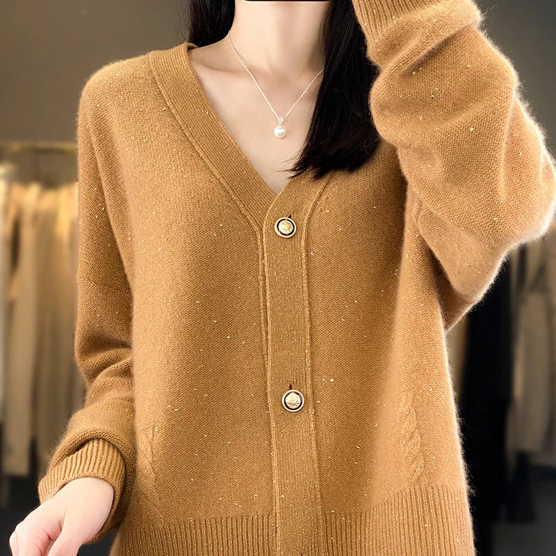 xakxx-New women's 100% pure cashmere grain with thick wool cardigan with golden bean yarn New Year's dress