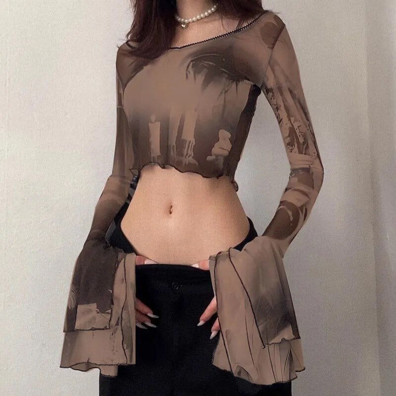 xakxx Goth Long Flared Sleeve T-Shirts for Women Vintage Graphic Print Mesh Sheer Crop Tops Y2K Grunge Clothing Streetwear