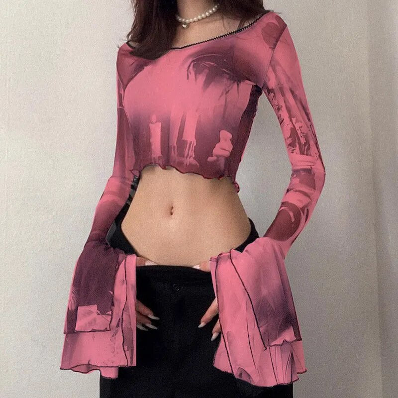 xakxx Goth Long Flared Sleeve T-Shirts for Women Vintage Graphic Print Mesh Sheer Crop Tops Y2K Grunge Clothing Streetwear