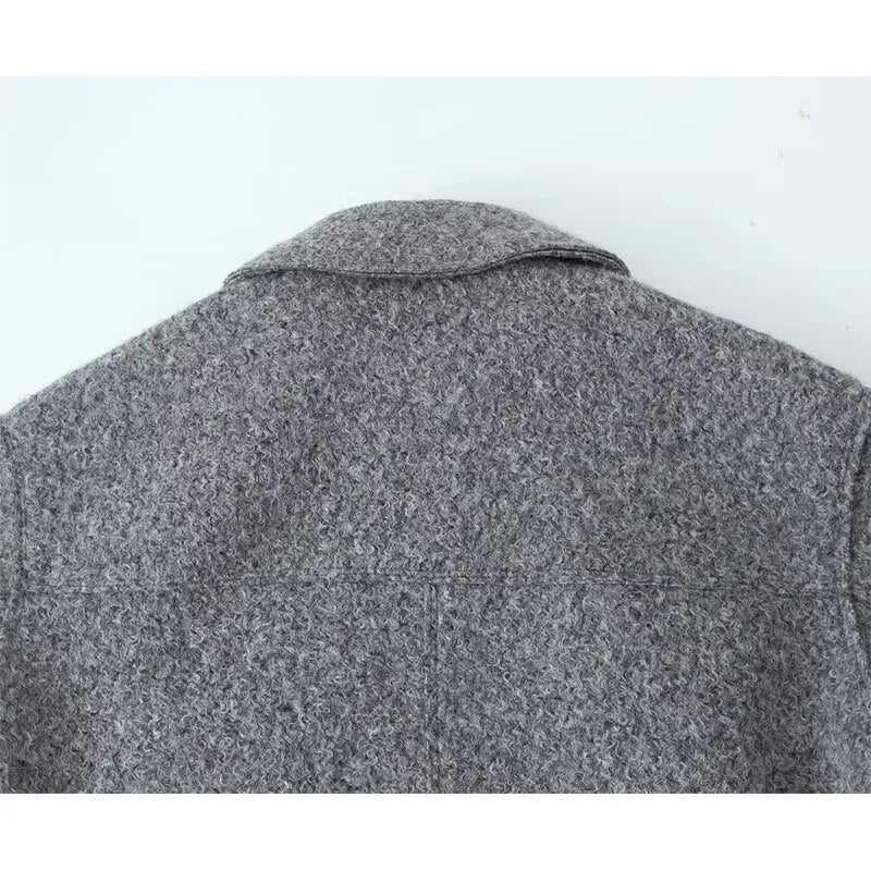 xakxx- Vintage Women Gray Cropped Woolen Jacket Long Sleeve Pockets Female Autumn Winter Short Coat