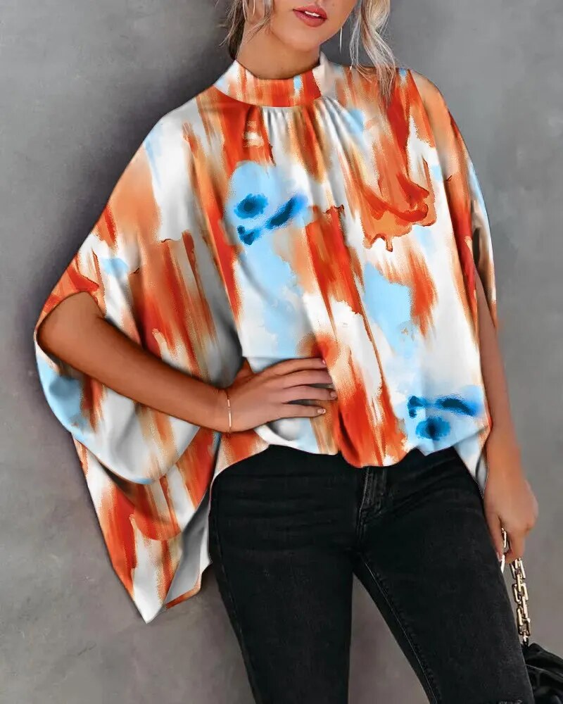 xakxx- Elegant Bat Sleeve Blouse Lady Large Size High Collar Half Sleeve t Shirt Female Autumn Party Evening Clothing
