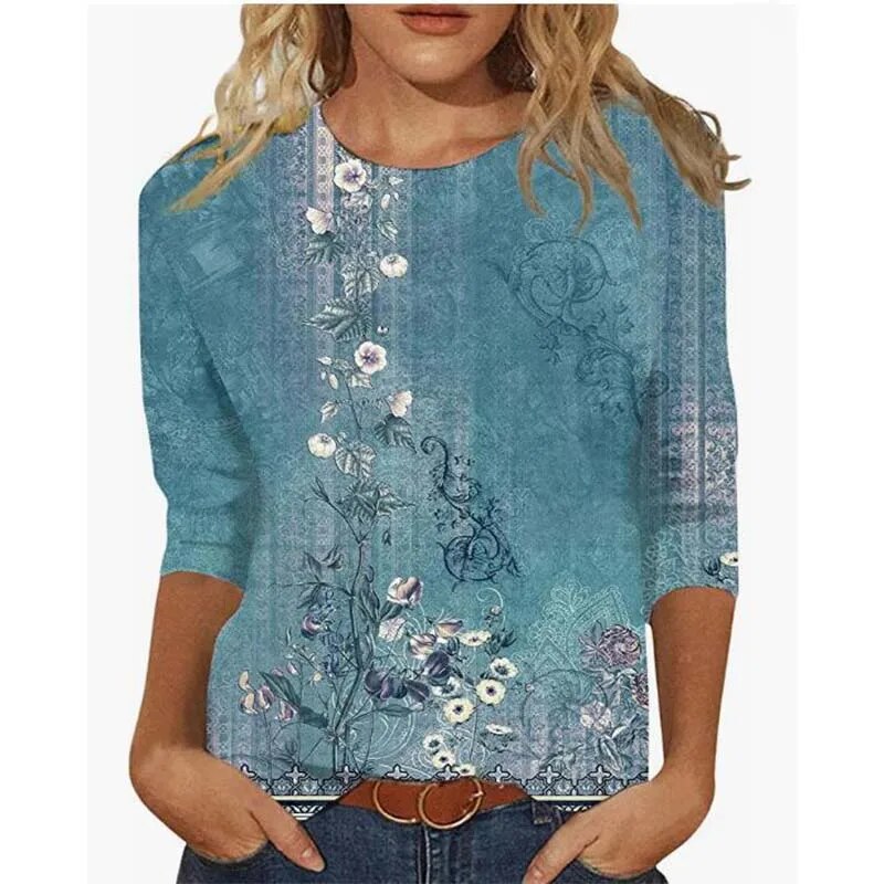 xakxx- Women Ethnic Floral Printed T Shirt Female O Neck Seven-Point Sleeve Blouse Lady Spring Summer Casual Commuter Tops