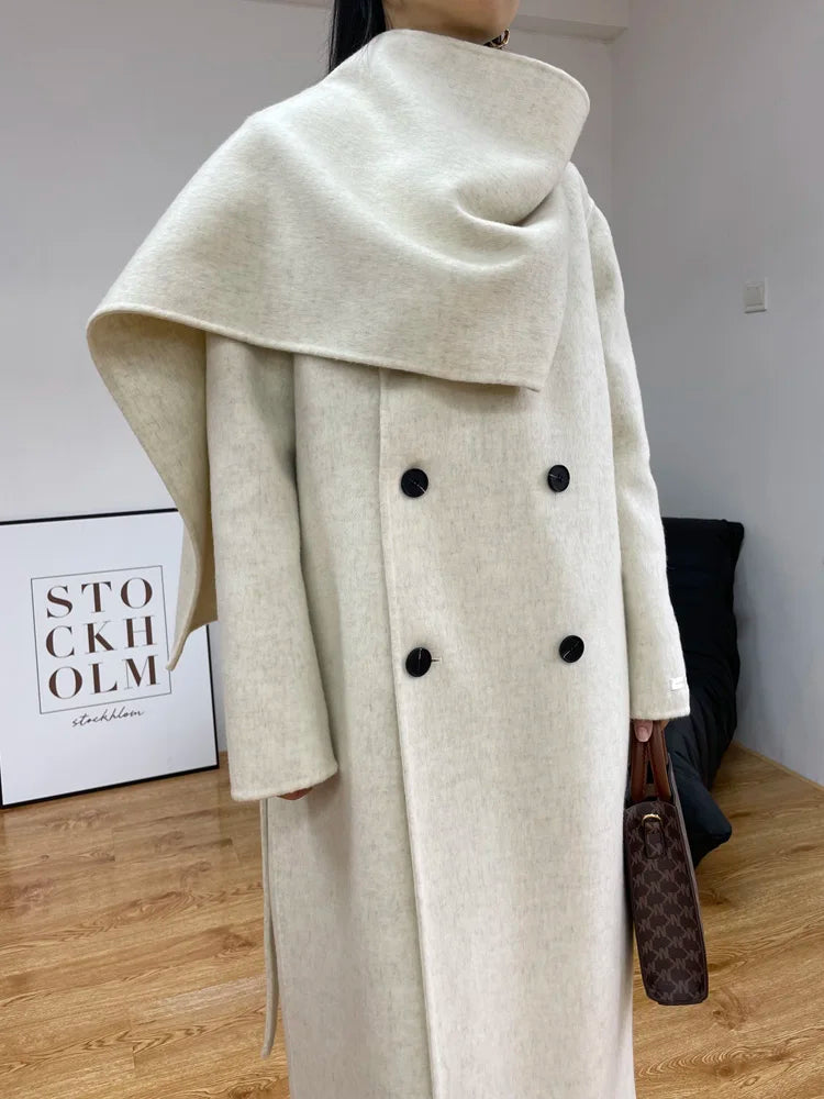 xakxx xakxx-New Fashion Scarf Collar Warm Double-sided Wool Coat Loose Women Fashion Double-breasted Long Woolen Coat Female Clothing Autumn