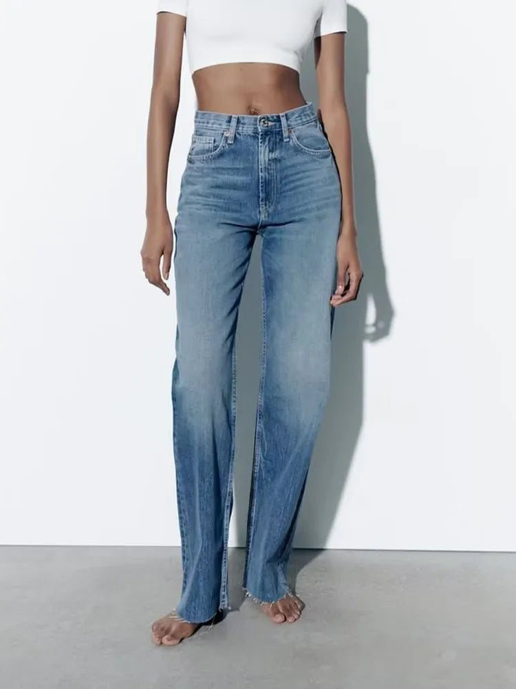 xakxx xakxx- New Women's Extra Long Wide Leg Zipper and Metal Button Closure High Waist Casual Wide Leg Jeans