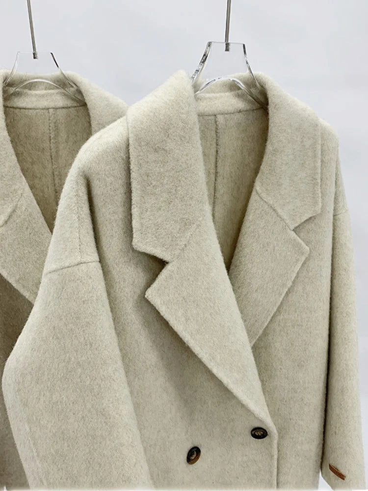 xakxx-New Women High Quality Alpaca Double-sided Wool Coat Loose Lapel Long Sleeve Fashion Lace-up Natural Woolen Jacket Autumn Winter