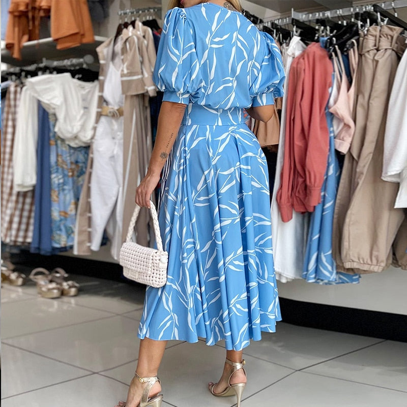 xakxx Women Summer Midi Dress Leaf Print Puff Short Sleeve Tie V Neck Design Casual Style Long Skirt