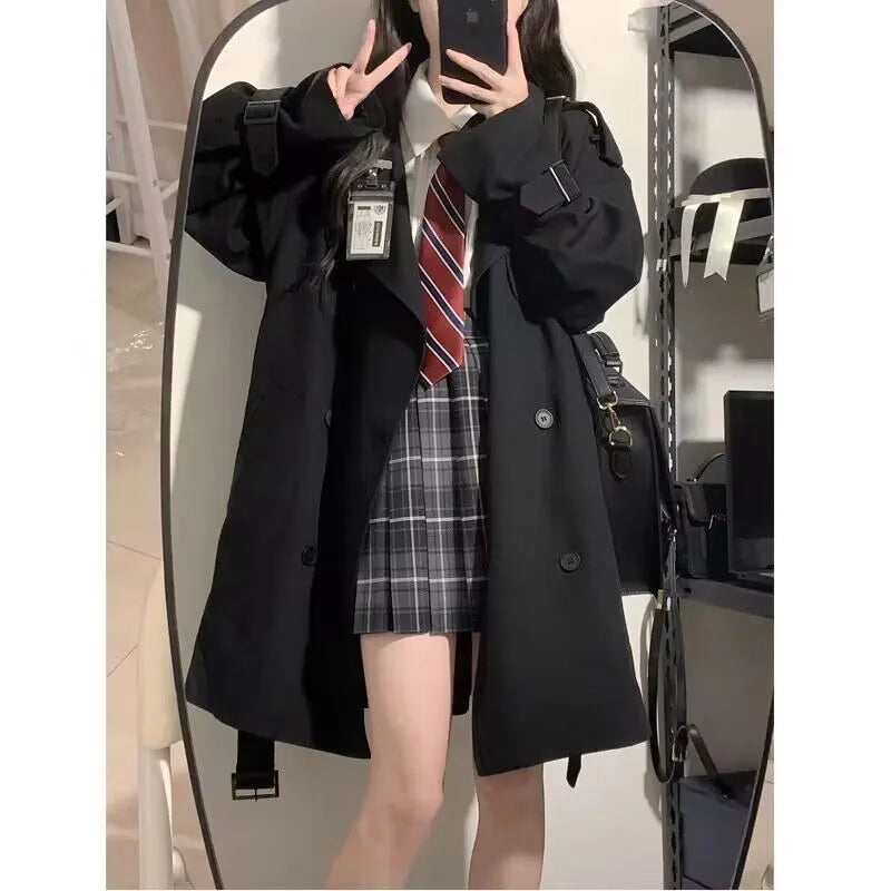 xakxx xakxx-Black Trench Coat Women Windbreaker Spring Autumn Fashion Chic British Style Double Breasted Mid-length Black Trench Coat