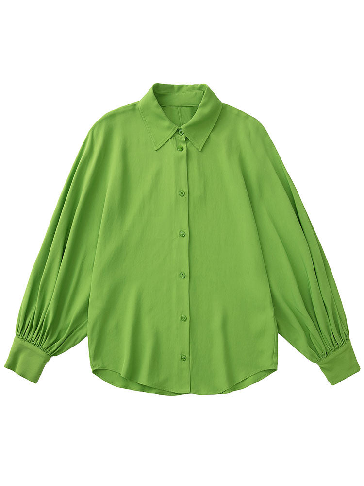 xakxx Summer Women Solid Green Oversize Blouse Chic Loose Long Single Breasted Casual Vintage Elegant Shirt Ladies