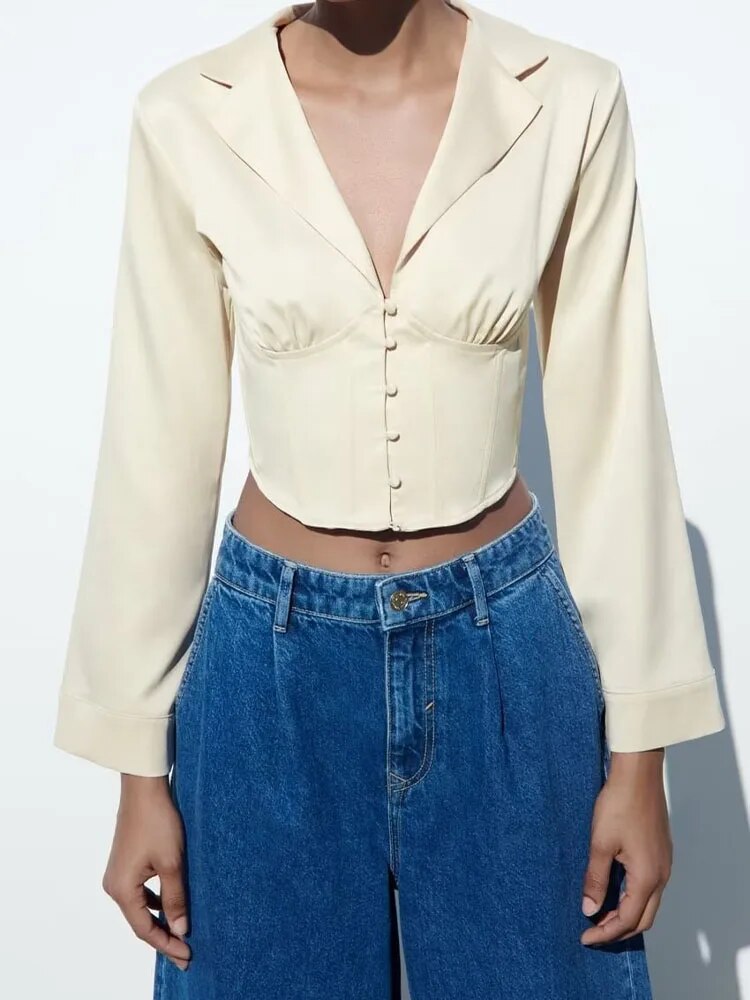 xakxx xakxx - new women's satin texture corset-style button-down polo collar top