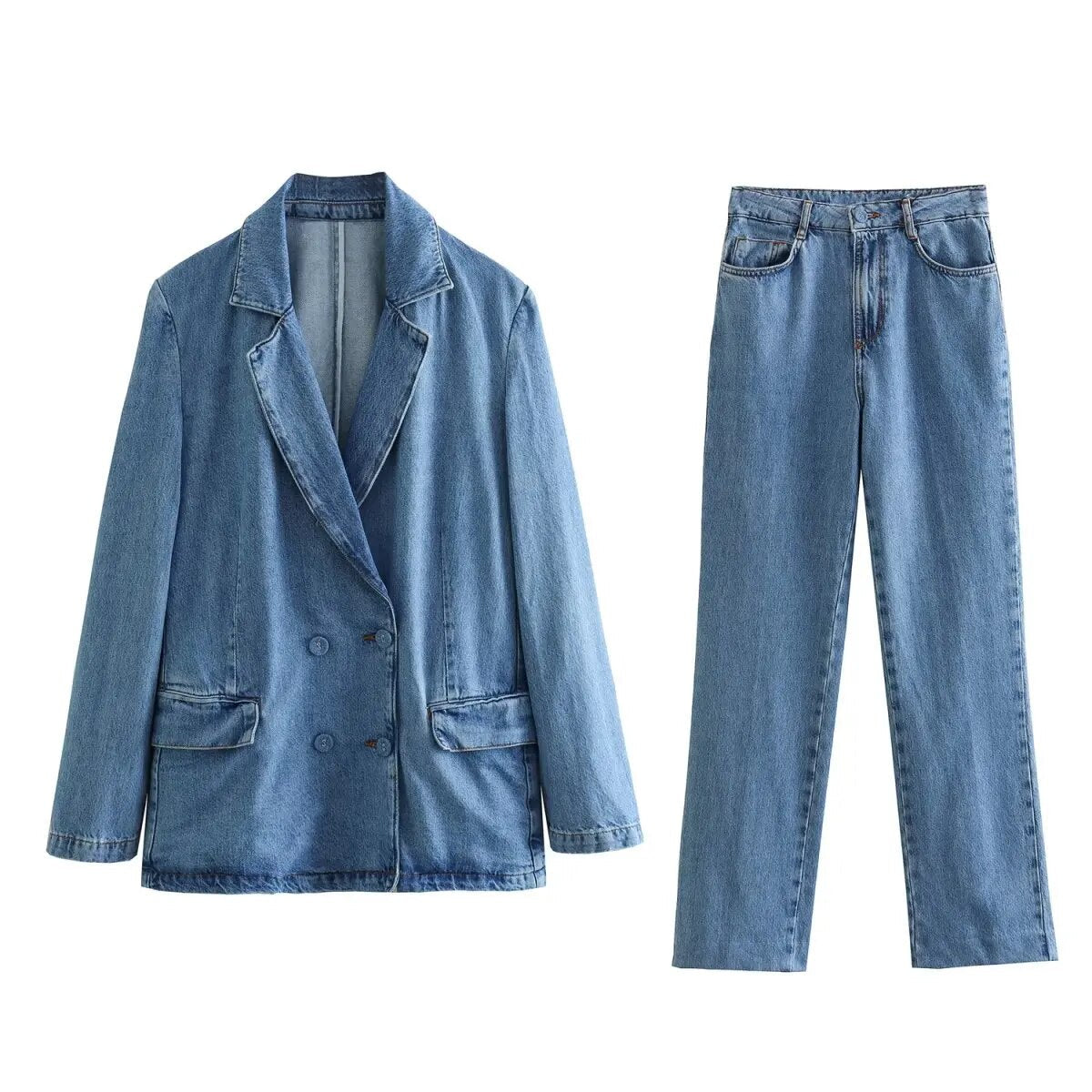 xakxx xakxx - New Women's Front Zipper and Matching Lined Button Closure Straight Barrel High Waist Jeans Double breasted Suit Coat