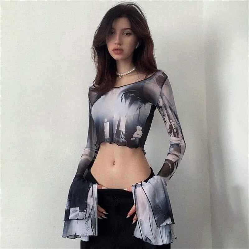 xakxx Goth Long Flared Sleeve T-Shirts for Women Vintage Graphic Print Mesh Sheer Crop Tops Y2K Grunge Clothing Streetwear