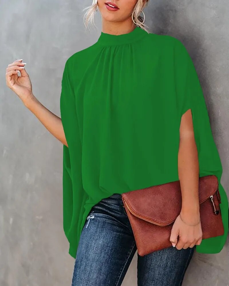 xakxx- Elegant Bat Sleeve Blouse Lady Large Size High Collar Half Sleeve t Shirt Female Autumn Party Evening Clothing