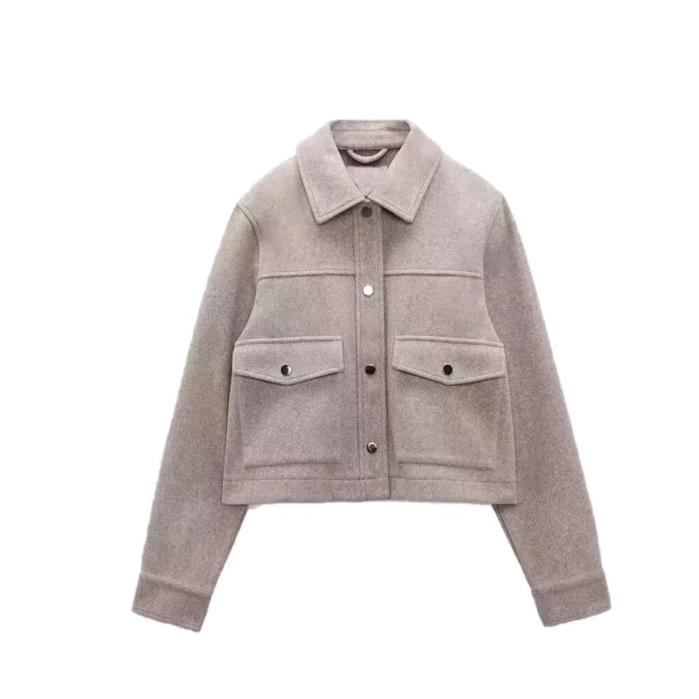xakxx- Spring new women's front metal snap closure with patch pocket lapel long-sleeve soft jacket jacket