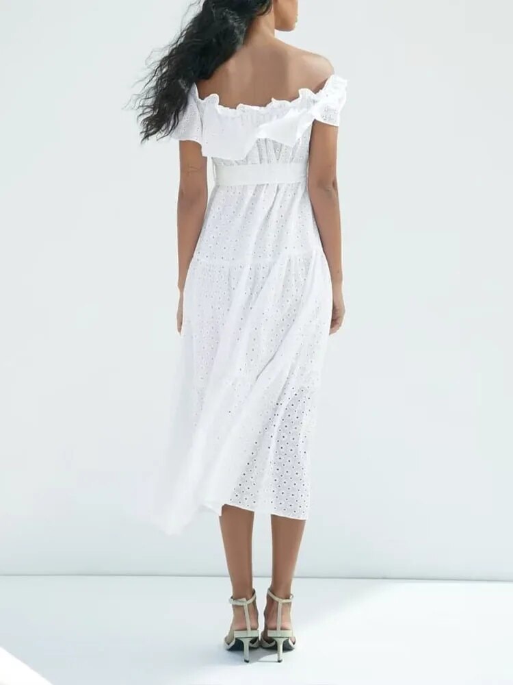 xakxx- New women's fashion casual vitality elegant same fabric belt white temperament hollow embroidery midi dress