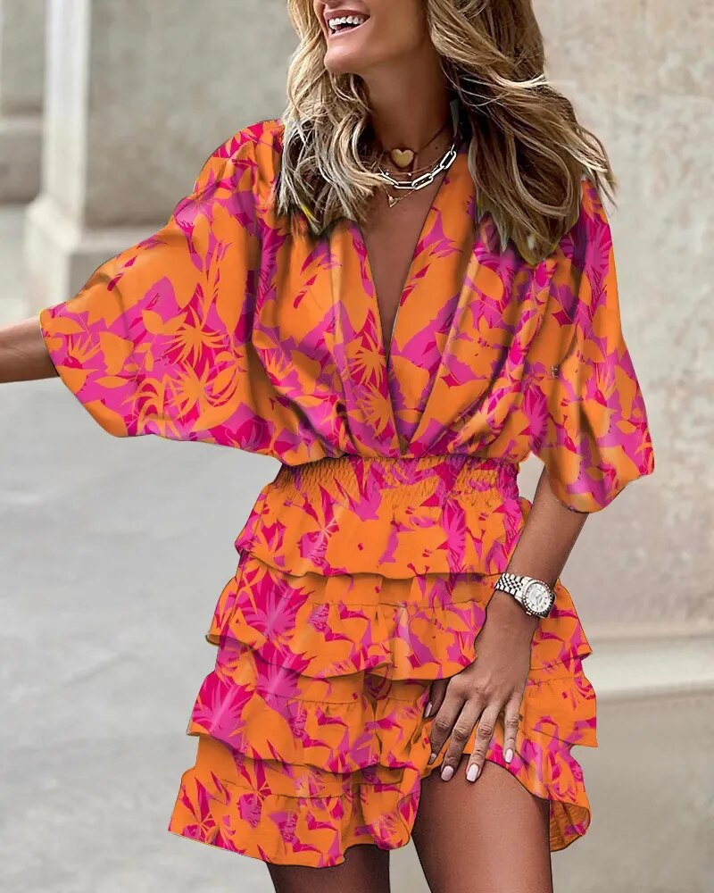 xakxx- 7 Colors Women Summer Dress V Neck Batwing Sleeve Ruffle Mini Dress Female Geometric Multicolor Boho Beach Party Dresses