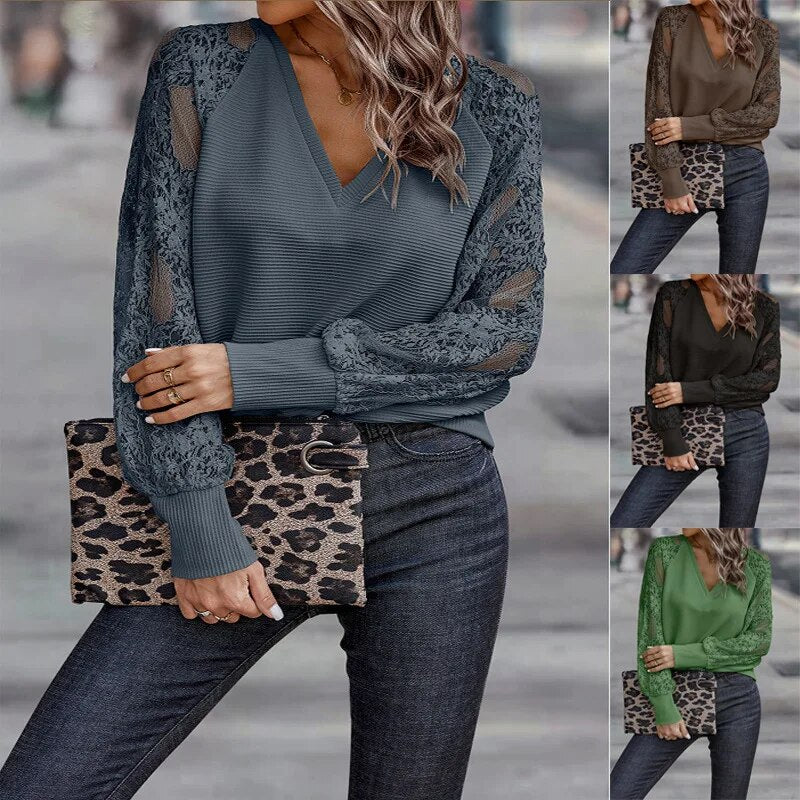 xakxx xakxx- Women Solid Lace Patchwork Tops V-Neck Long Sleeve See-Through T-Shirt Spring Autumn Female Casual Pullover
