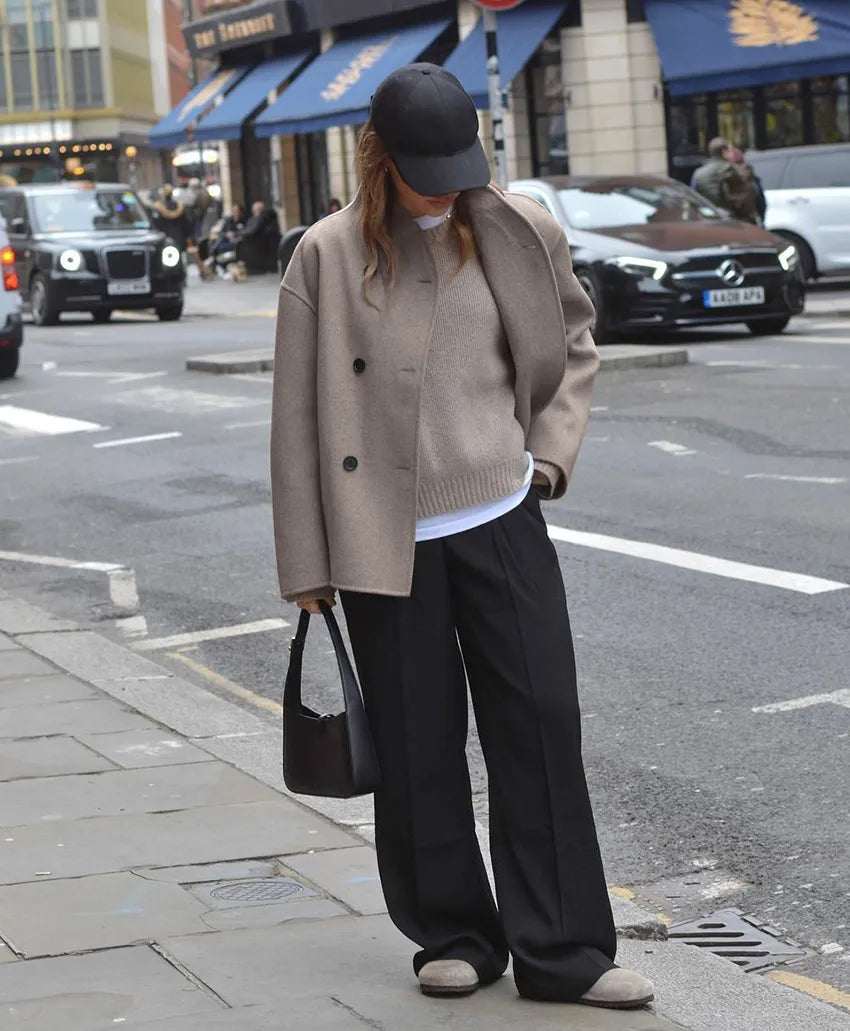 xakxx-Street Drop Shoulder Woolen Coats Stand Collar Oversize Vintage Outerwear Office Lady Brown Casual Jackets Warm