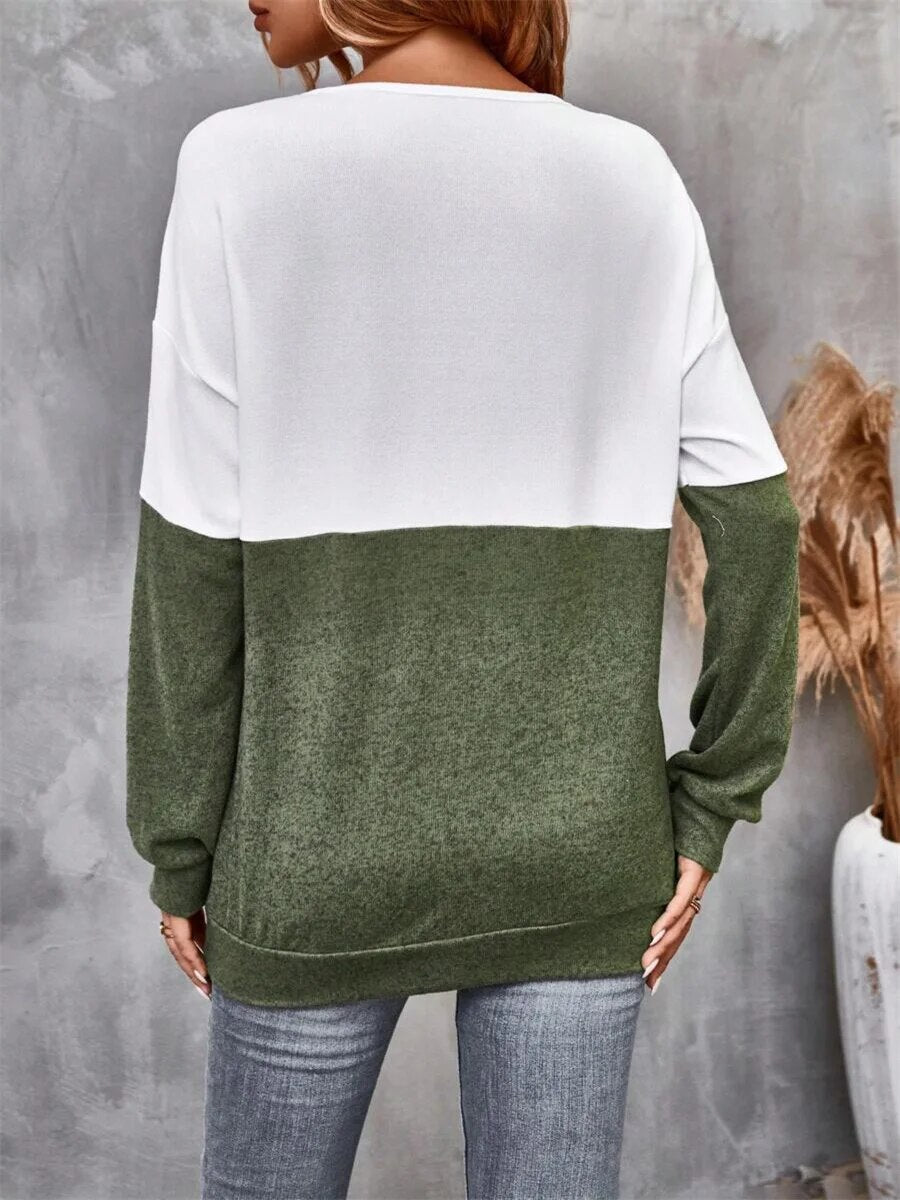 xakxx- Unique Two Color Tops Women Hollow cross V Neck Long Sleeve Ladies Spring Autumn Casual Pullover T Shirts