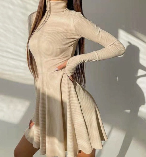 xakxx Spring Long Sleeve Solid Dress Girl A-line Pleated Skirt Prom Party Dance Clothes French Hollow Backless Dress for Women