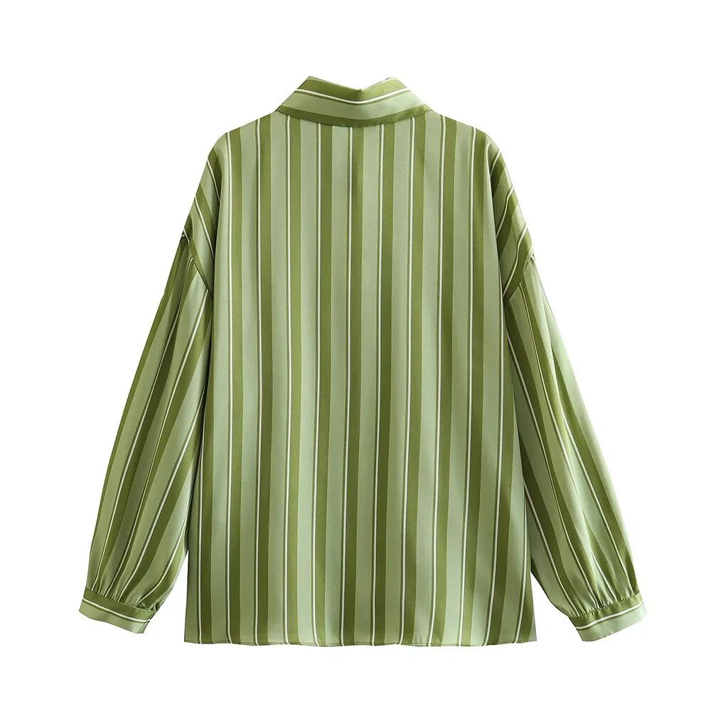 xakxx- New Women's Temperament Fashion Versatile Casual Long Sleeve Polo Shirt Front Button Closed Stripe Loose Fit Shirt