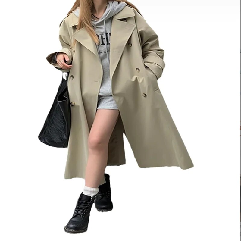 xakxx xakxx-Khaki Long Windbreaker Trench Coat Women Autumn Fashion Chic British Style Double Breasted Trench Coat For Women Plus Size
