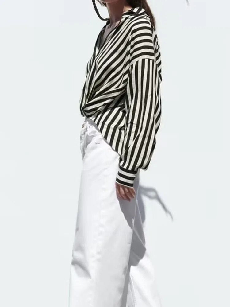 xakxx xakxx - New women's long-sleeved lapel V-neckline Front design with knot decoration Front breasted closure Linen blend stripe shirt