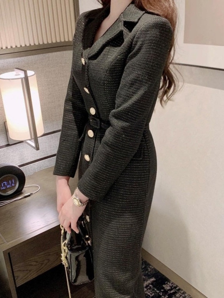 xakxx Women Beautiful Women Clothes Lace-up Waist Office Lady Ladies Tweed Dress Spring Sweet Notched Collar Slim Dresses