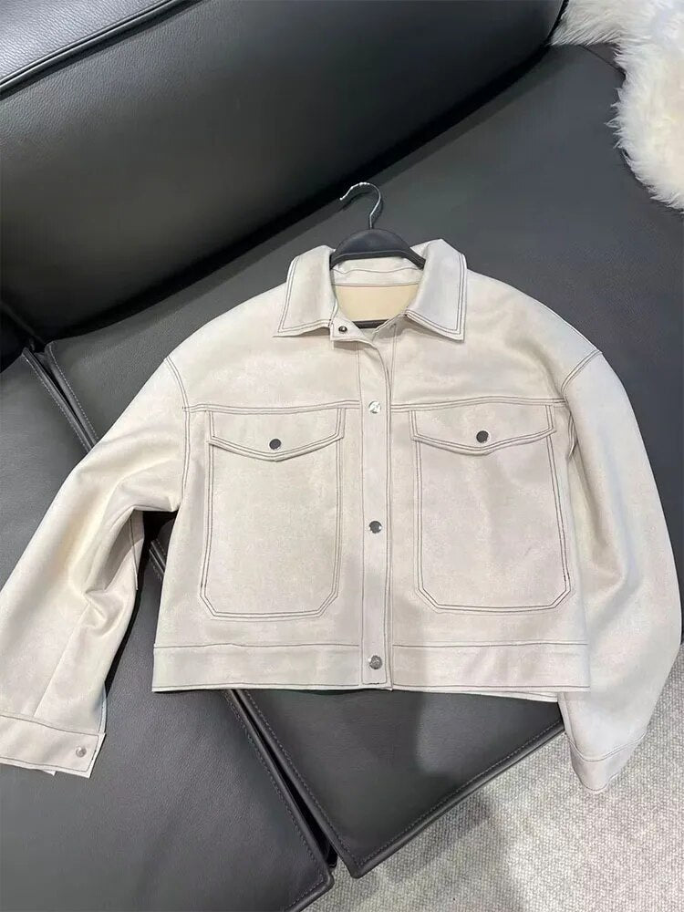 xakxx- spring new women's casual and versatile temperament retro lapel pocket loose collision color short jacket