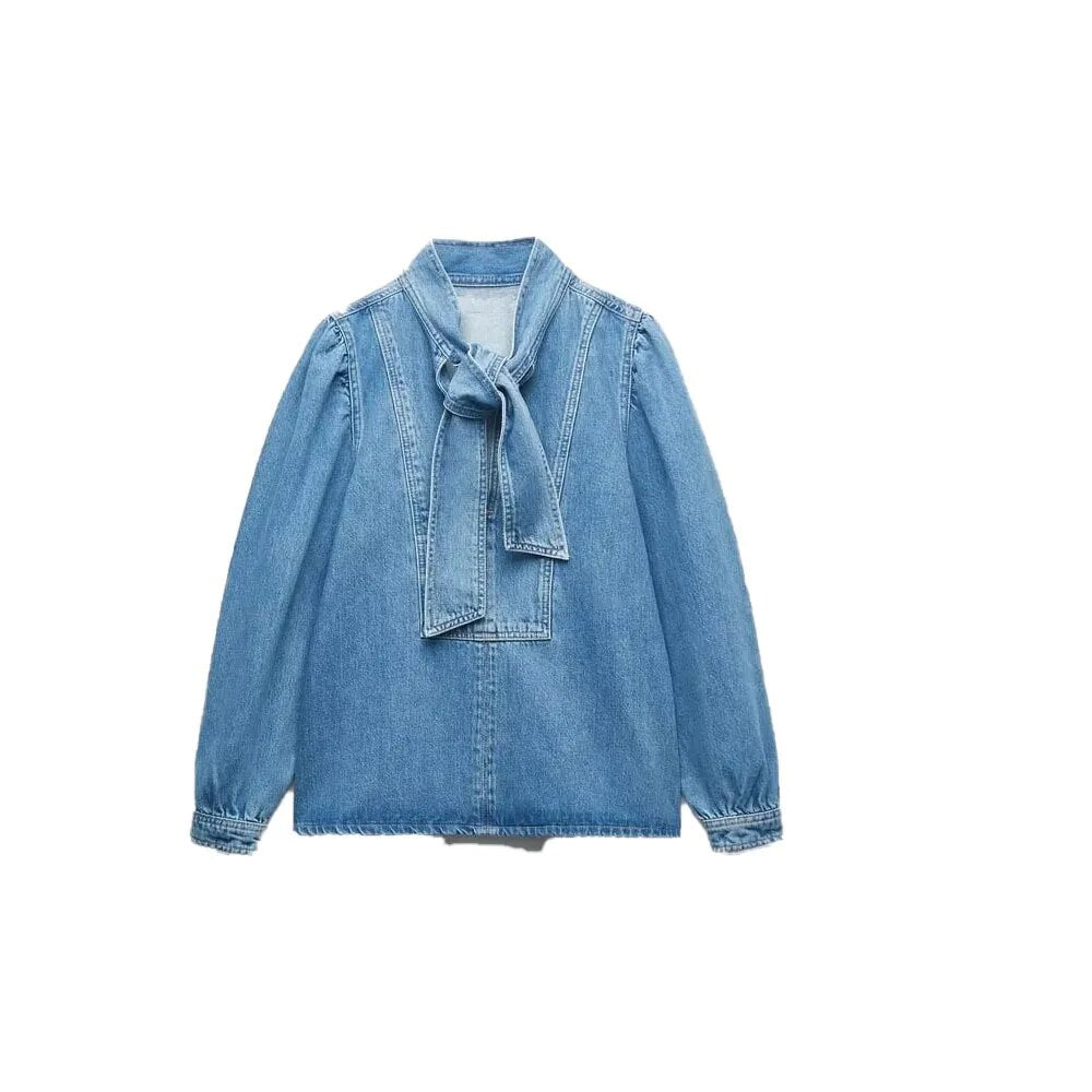 xakxx xakxx- New women's wear long-sleeved commuter pullover, temperament, versatility, women's bow decoration, denim shirt