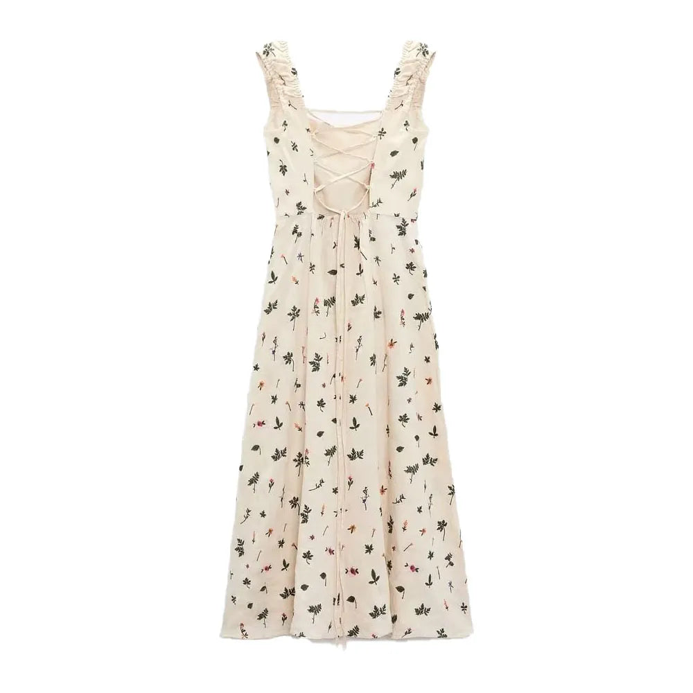 xakxx- Summer new women's clothing sexy backless strappy pastoral style open back linen embroidery midi strap dress