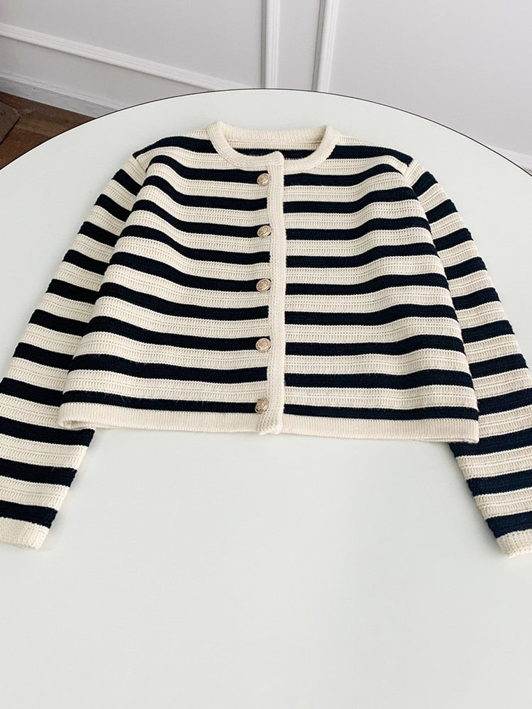 xakxx Women Single Breasted Striped Cardigan Jacket O-Neck Long Sleeve Casual Slim Short Knitted Coat for Ladies Spring