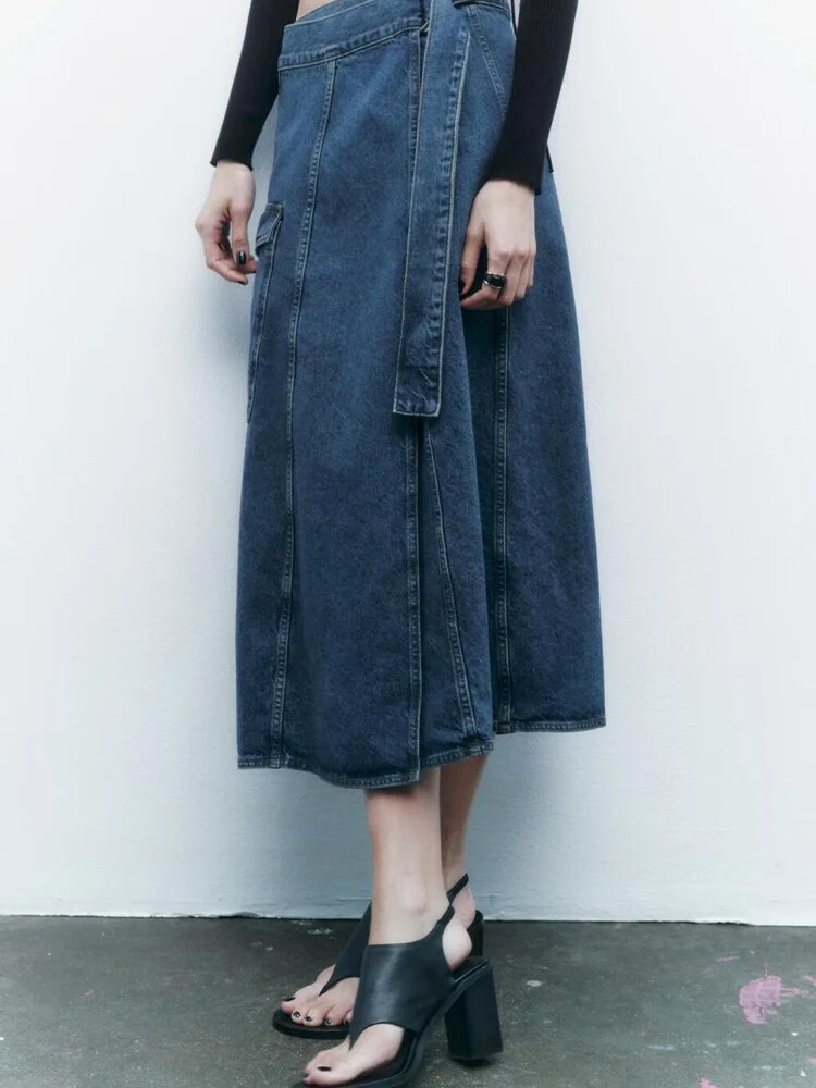 xakxx xakxx - spring new women's wrap-around type design high waist open casual hundred with belt work secti on denim skirt