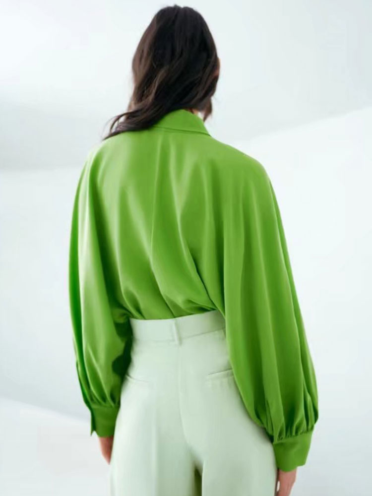 xakxx Summer Women Solid Green Oversize Blouse Chic Loose Long Single Breasted Casual Vintage Elegant Shirt Ladies