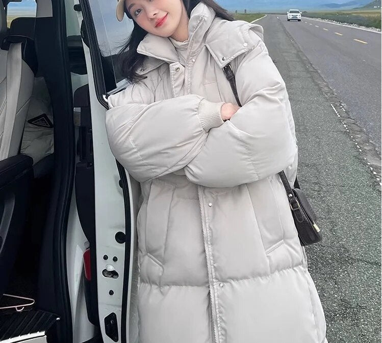 xakxx-Long Cotton Down Jacket Women Winter Thickened Loose Cotton Jacket For Women Blue Red White Black Khaki Plus Size 3XL