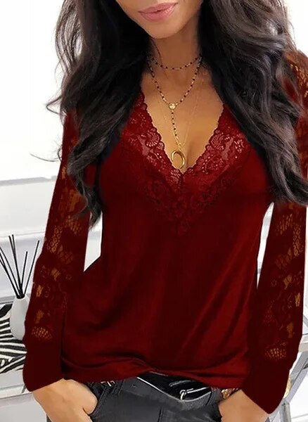 xakxx xakxx- Sexy Lace stitching V-neck perspective long sleeved Women Solid Color Casual style Lady Top T-shirt Spring Autumn Clothes