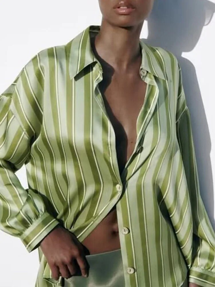 xakxx- New Women's Temperament Fashion Versatile Casual Long Sleeve Polo Shirt Front Button Closed Stripe Loose Fit Shirt