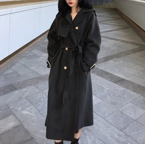 xakxx xakxx-Double-sided Tweed Coat Women Autumn Winter Fashion Loose Long Warm Black Beige Khaki Tweed Trench Coat For Women