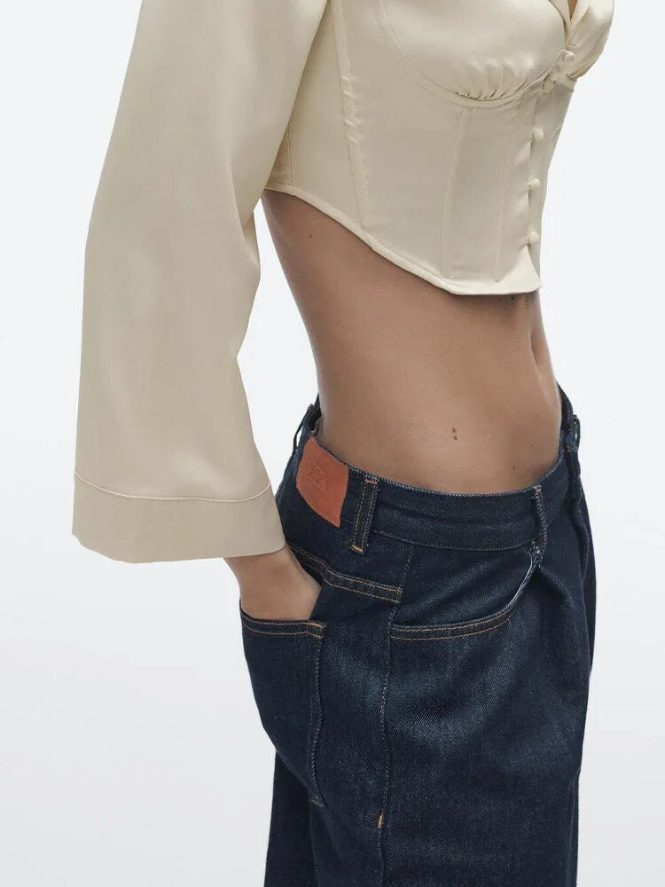 xakxx xakxx - new women's satin texture corset-style button-down polo collar top
