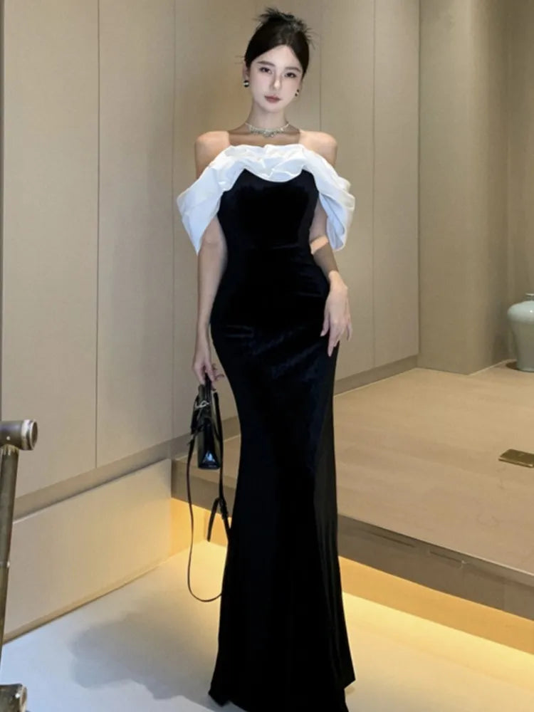 xakxx Women Sexy Off Shoulder Party Dress New Slim Waist French Patchwork Elegant Lady Maxi Fashion Solid A-line Vestidos Mujers