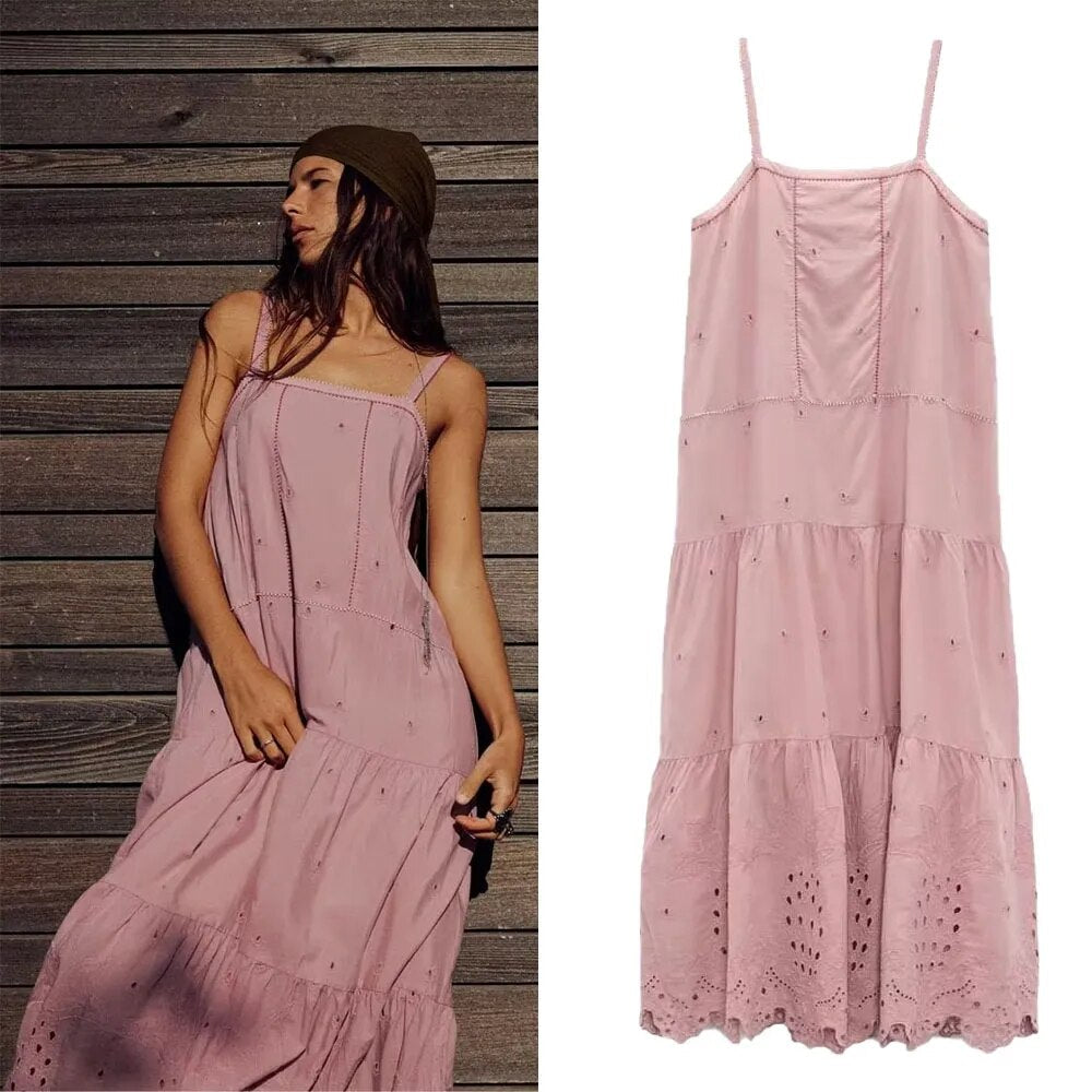 xakxx- New women's style temperament fashion casual all-match sexy slim Ruili sweet hollow embroidery dress