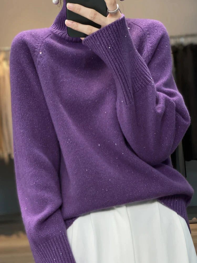 xakxx xakxx-Loose sequined turtleneck 100% cashmere sweater thick sweater female Korean version of winter new wool bottoming sweater