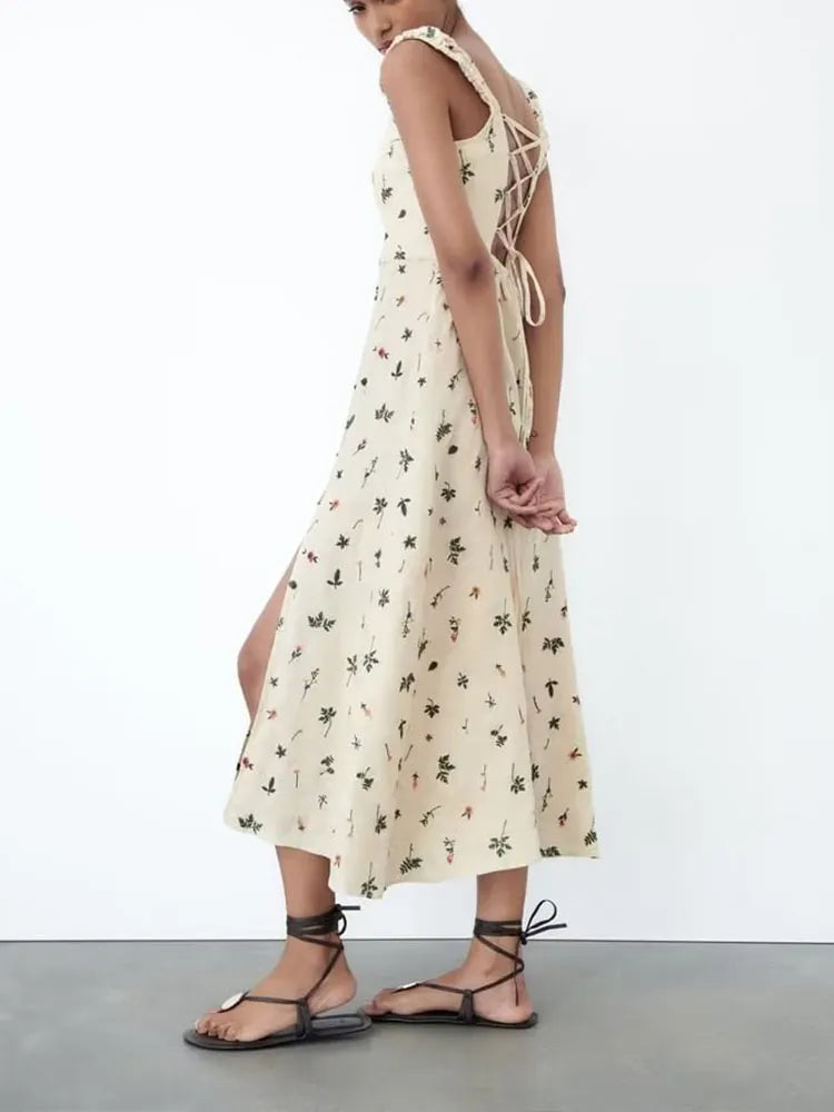 xakxx- Summer new women's clothing sexy backless strappy pastoral style open back linen embroidery midi strap dress