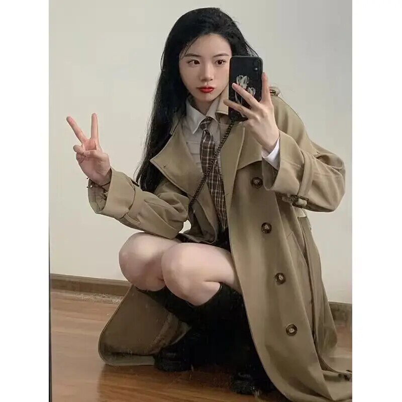xakxx xakxx-Trench Coat Women Long Windbreaker Autumn Fashion Chic British Style Khaki Black Double Breasted Trench Coat For Women