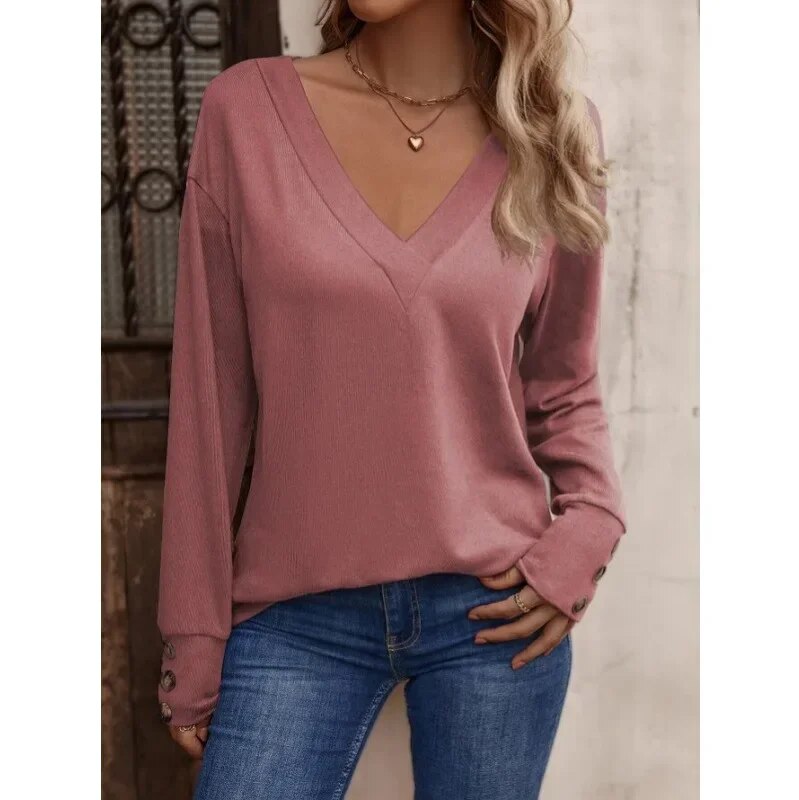 xakxx xakxx- 8 Colors Basic Pullover Women Casual V Neck Long Sleeve Tops Lady Spring Autumn Thin Blouse Clothes