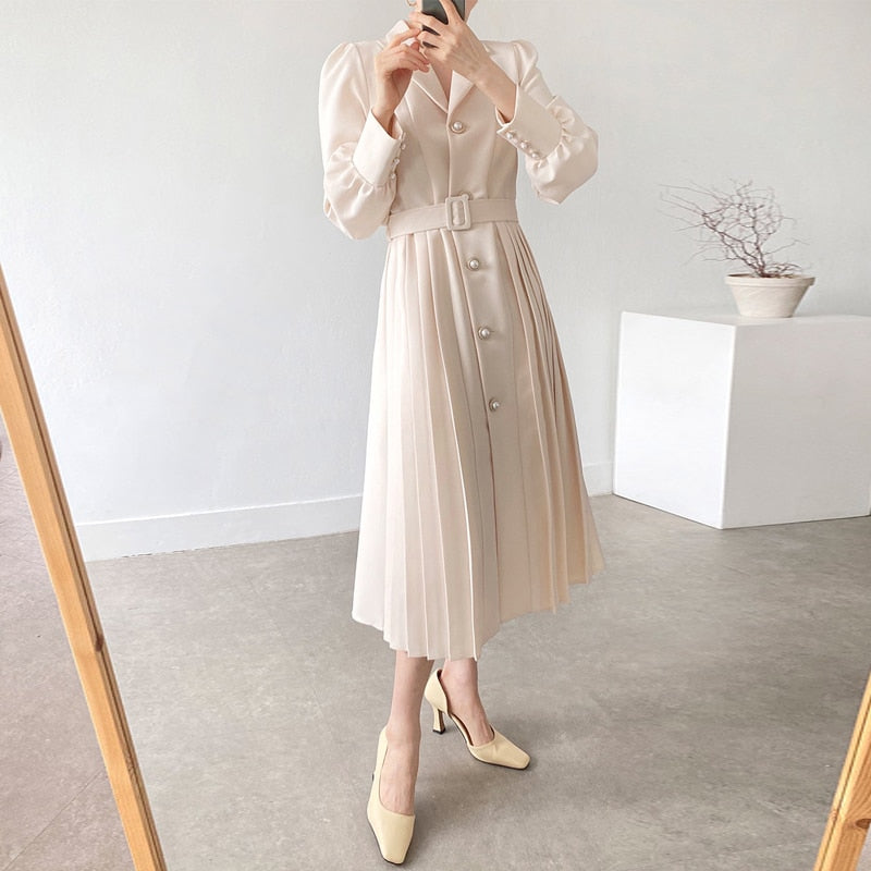 xakxx Elegant Women Spring Notched Collar Suit Single-Breasted Office Lady Full Sleeve High Waist Female Pleated Midi Dress