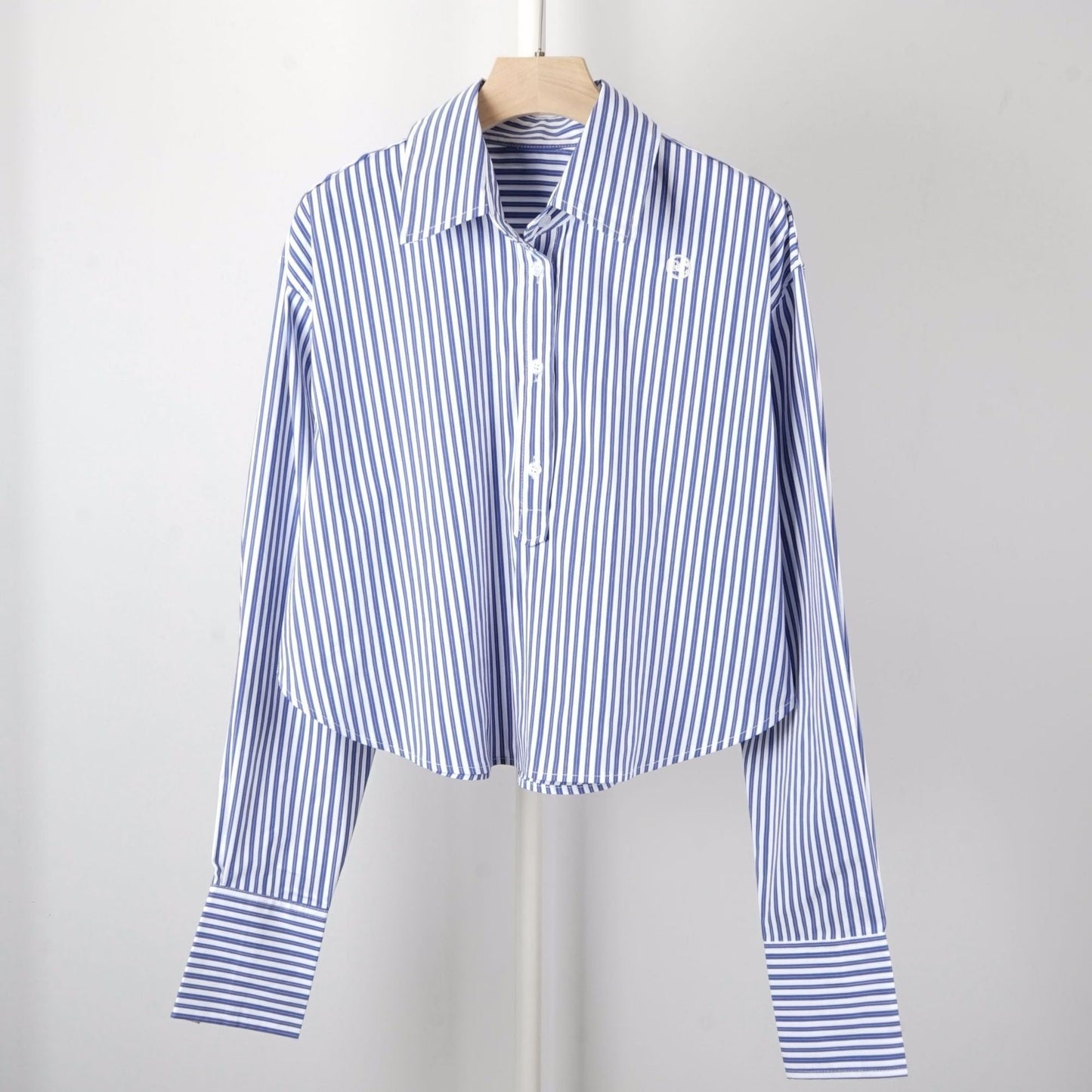 xakxx Women Casual Stripes Short Shirt Front Buttons Turn-Down Collar Embroidery Logo Ladies Long Sleeve Blouses