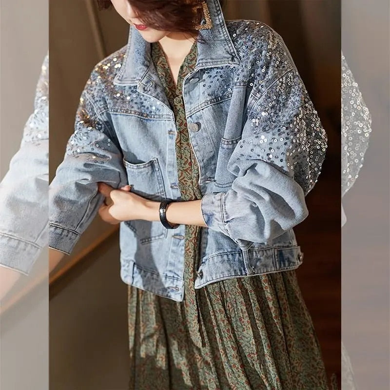 xakxx Spring Autumn Denim Jacket Women Fashion Sequin Short Lapel Jean Coats Woman Casual Full Sleeve Loose Button Coat